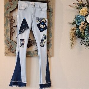 Celebrity Reworked Patchwork Wide-Leg Jeans Dark Inset Panels. NWOT Size 5